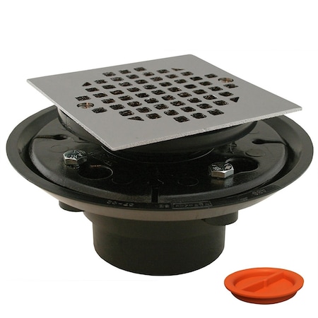 Jones Stephens 2inX3in ABS Shower Drain, 2in ABS Spud, 4in Square Chrome Plated Cast Strainer, Test Plug D50334TP